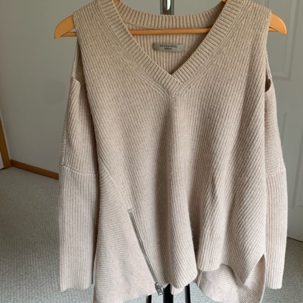 All Saints Able Open Shoulder Knit Jumper Sweater Tan Women’s Medium